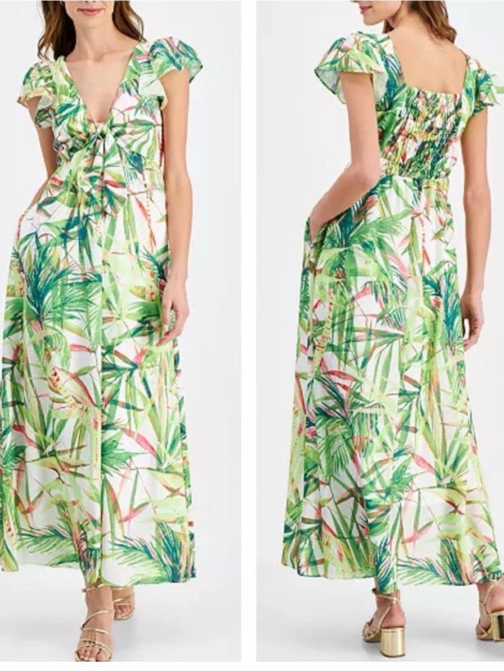 Taylor Size 6 Tropical Palm Green Print Tie-Front Maxi Dress